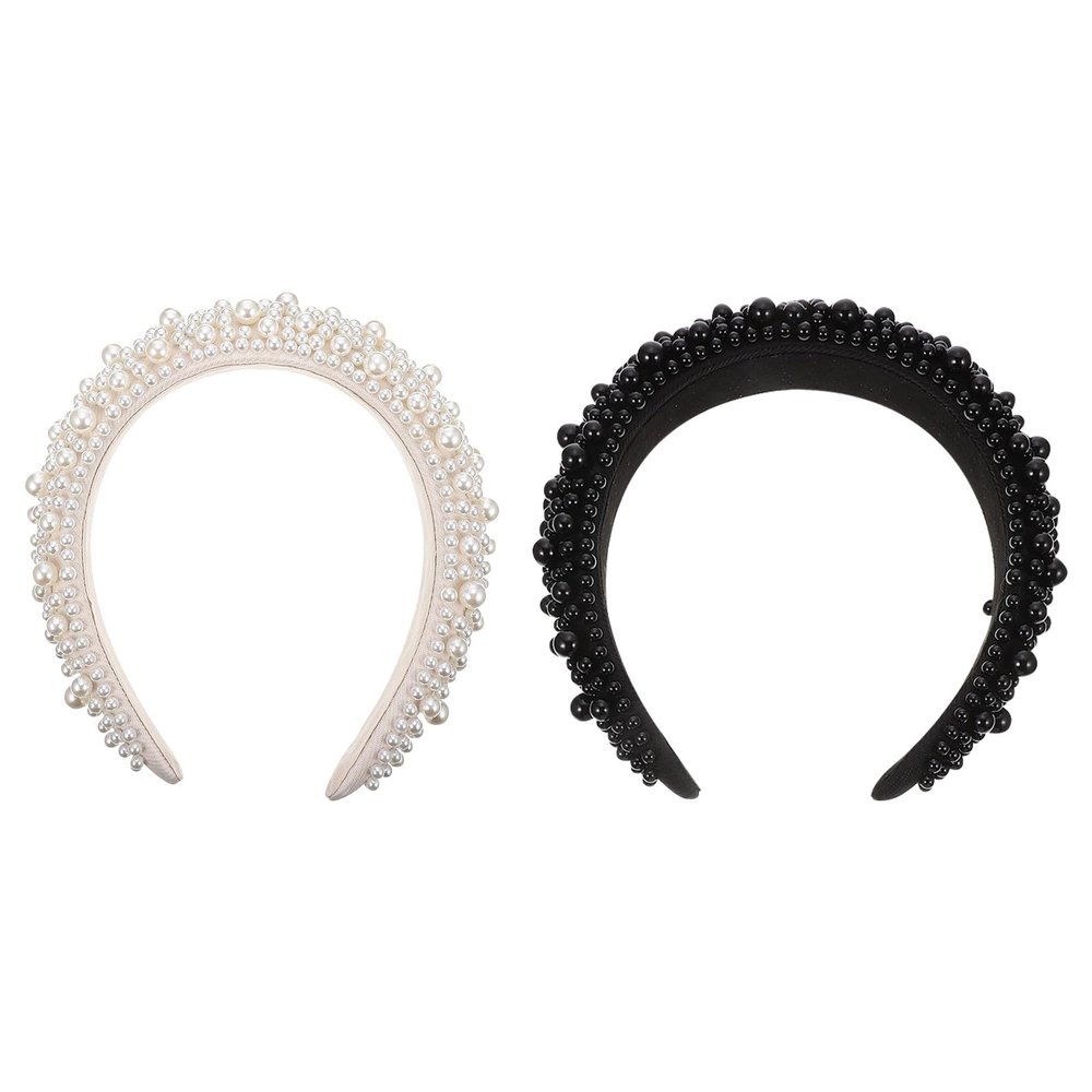 GOOHOCHY 2pcs Pearl Decor Headbands with Thick Sponge Base, Wide Retro Style Hairbands for Women, Black and Cream Headdresses for Wedding and Daily Wear