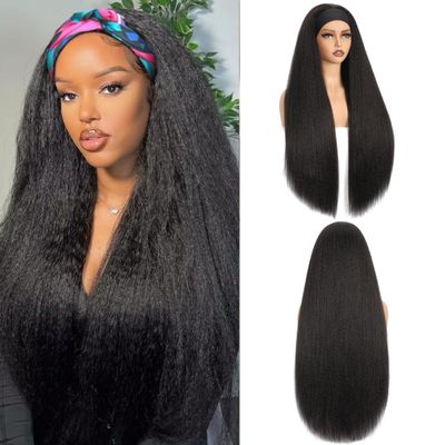 Kinky Straight Headband Wig 28 Inch Yaki Straight Headband Wigs for Black Women Afro Glueless Synthetic Half Wig Soft Realistic as Human Hair Lightweight Natural Looking Easy to Wear 1B Natural Black