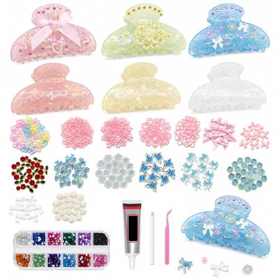 6pcs DIY Hair Claw Clips Kit, Multicolor Acrylic Hair Clips with 15 Decorative Accessories, Rhinestones Pearls Bows Flowers Butterflies, Personalized Kit for Girls Night Sleepover Birthday Party