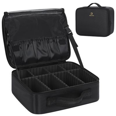 Relavel Makeup Bag Travel Makeup Train Case Large Capacity Cosmetic Case Professional Portable Makeup Brush Holder Organizer and Storage Box with Adjustable Dividers Black