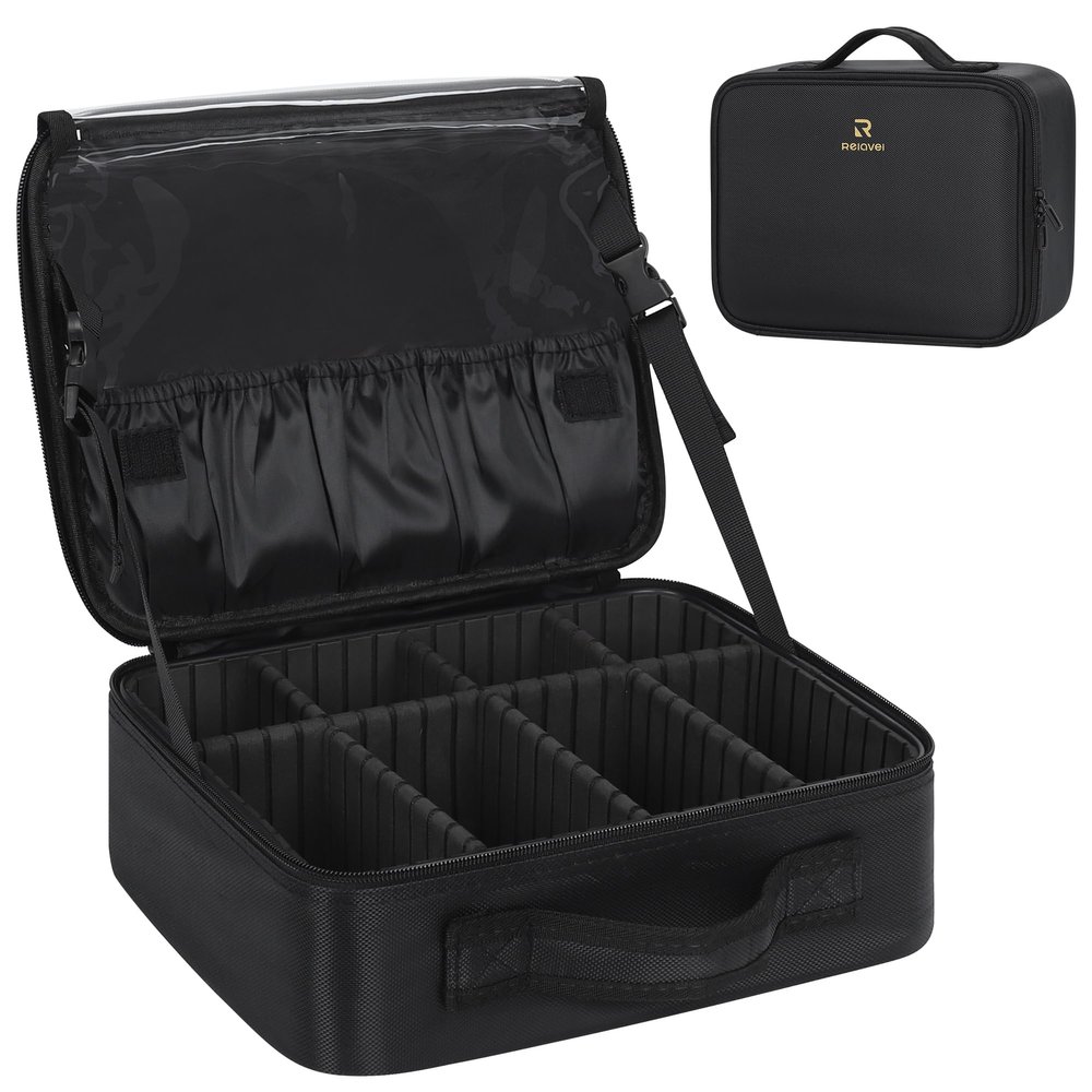 Relavel Makeup Bag Travel Makeup Train Case Large Capacity Cosmetic Case Professional Portable Makeup Brush Holder Organizer and Storage Box with Adjustable Dividers Black