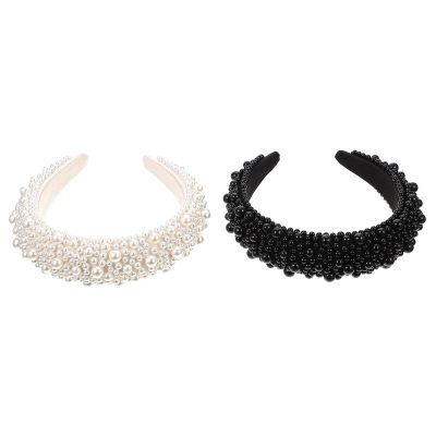 COHEALI 2 Pcs Pearl Headbands for Women, Thick Sponge Base, Wide Hairbands in Black and Cream, Stylish Hair Accessories for Daily Wear