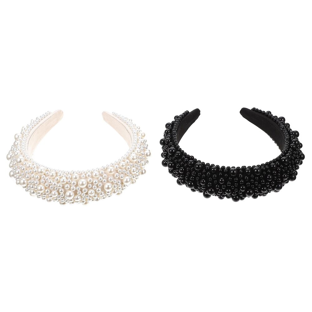 COHEALI 2 Pcs Pearl Headbands for Women, Thick Sponge Base, Wide Hairbands in Black and Cream, Stylish Hair Accessories for Daily Wear