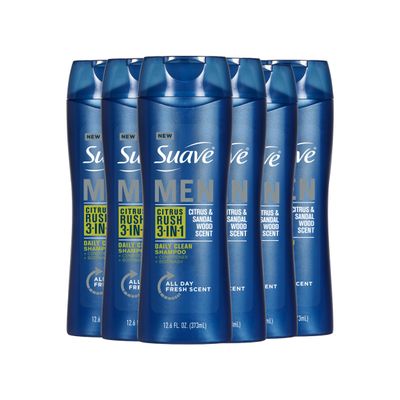 Suave Men Citrus Rush 3-in-1 Shampoo, Conditioner, and Body Wash with Citrus and Sandalwood Scent, Daily Clean, 12.6 oz, 6 Pack