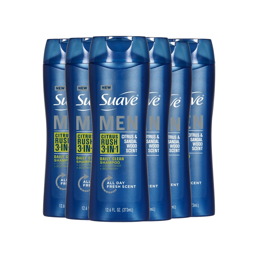 Suave Men Citrus Rush 3-in-1 Shampoo, Conditioner, and Body Wash with Citrus and Sandalwood Scent, Daily Clean, 12.6 oz, 6 Pack