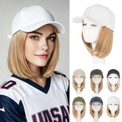Rich Choices Hat Wigs for Women,White Baseball Cap with Hair Extensions for Women,Short Bob Hairstyle Caps with Hair Attached Adjustable Baseball Cap Wig 6 Inch-Highlighted Honey Blonde Hair