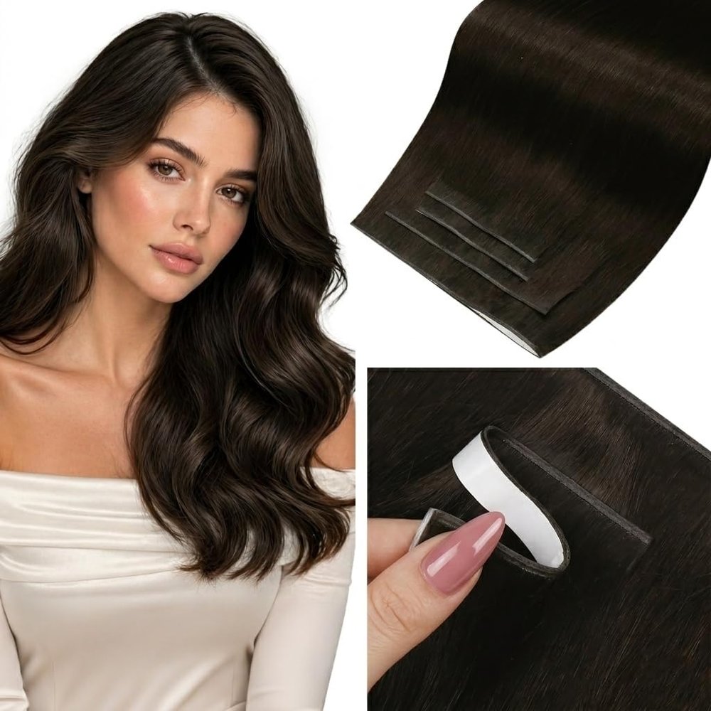 LaaVoo Genius Tape in Weft Hair Extensiosn Human Hair Invisible Tape in Extensions Darkest Brown Weft Tape Hair Extensions PU Real Human Hair 18inch 4Pcs 90g
