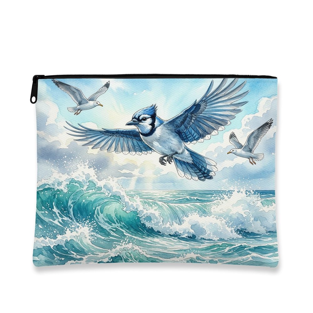 Blue Jay Bird Makeup Bag, Cool Sea Ocean Waves Scenery Cosmetic Travel Pouch for Women Girls, Portable Small Canvas Zipper Organizer, Animal Toiletry Bag 7x9 Inch