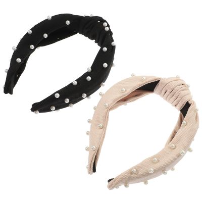 KICHOUSE 2pcs Knotted Wide Pearl Headbands Soft Fabric Hairbands for Women Solid Color Hair Accessories