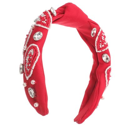 LABRIMP Knotted Pearl Football Headband Red White Handcrafted Wide Hairband for Women Teens Game Day Fashion Hair Accessory