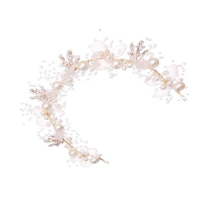 DECHOUS Pearl Flower Hairband Handmade Bridal Headpiece with Metallic Leaf Accents Womens Wedding Headband for Bride Hair Accessories