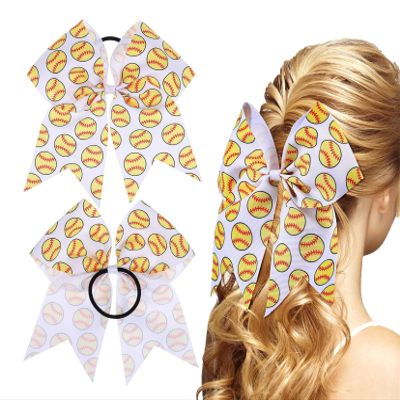 Girls' Glitter Soccer Hair Bows Ponytail Holder Elastic Hair Ties, Large Soccer Cheer Hair Bow Accessories.(FS19) (Baseball Pattern)
