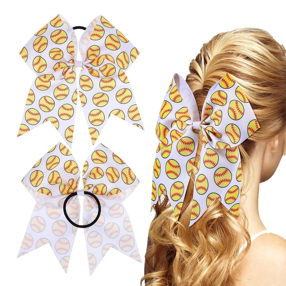 Girls' Glitter Soccer Hair Bows Ponytail Holder Elastic Hair Ties, Large Soccer Cheer Hair Bow Accessories.(FS19) (Baseball Pattern)