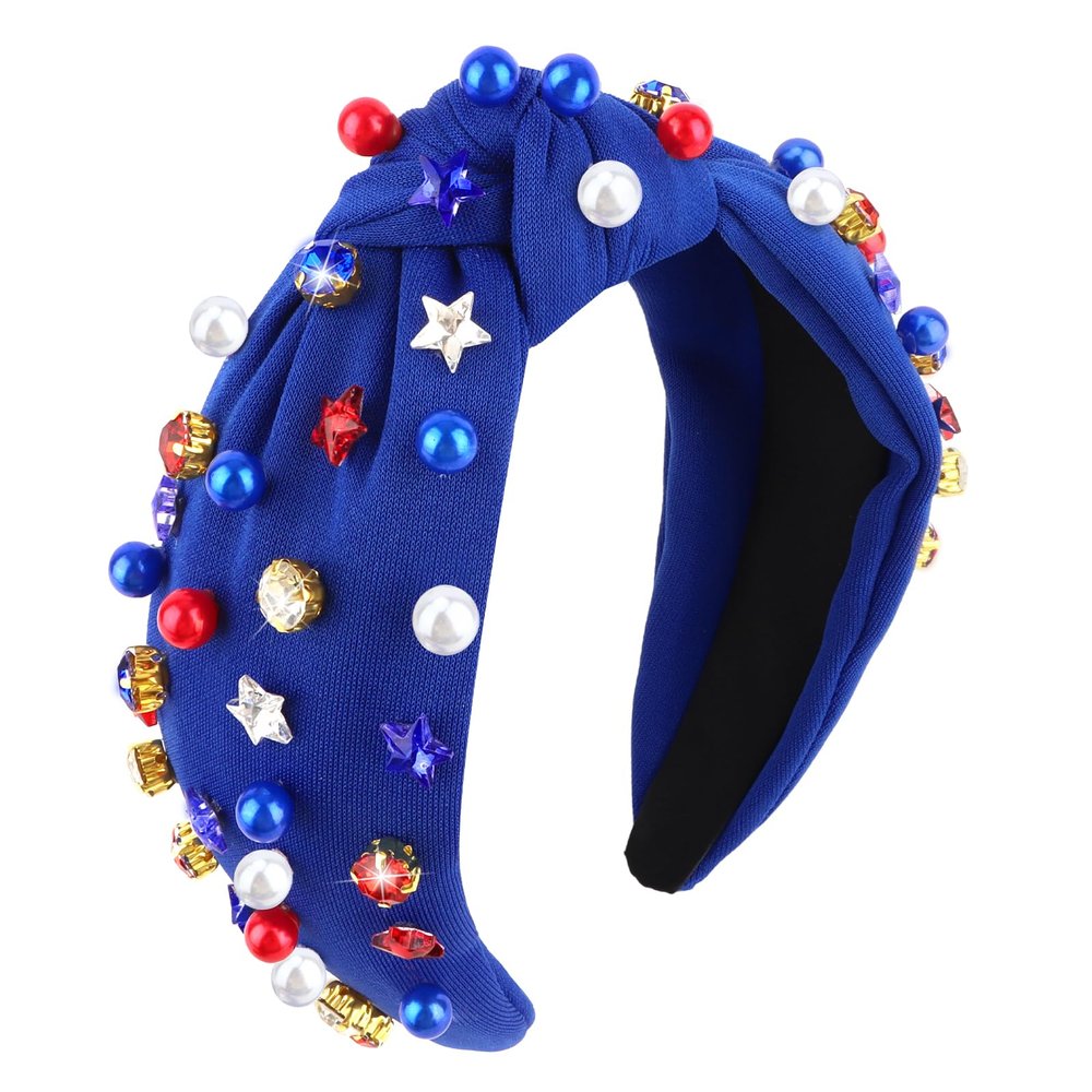 Jaciya Patriotic Knotted Headband for Women - Blue Headband with Red White Blue Star, Rhinestone & Pearl Accents, 4th of July Hair Accessory