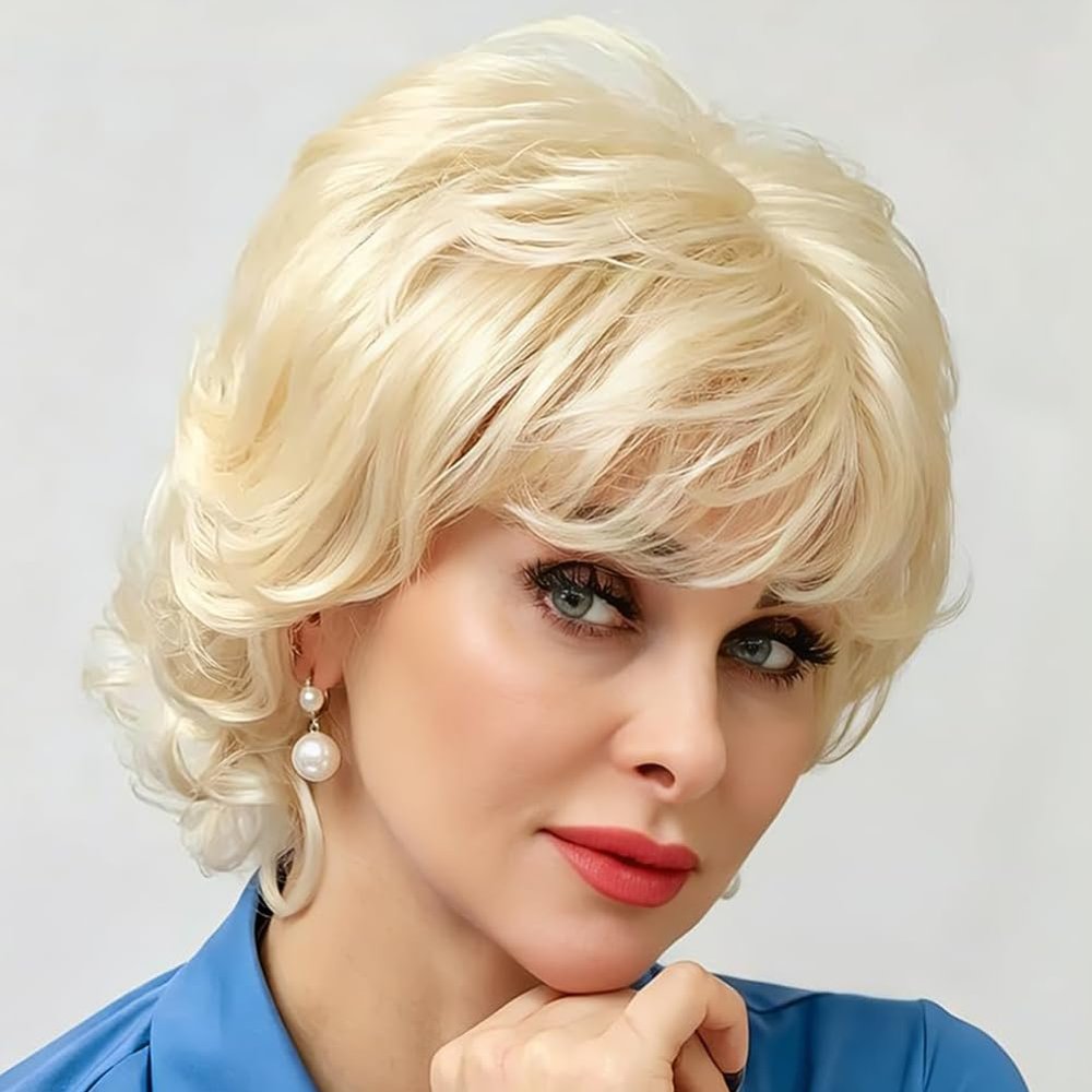 Metrris Blonde Short Womens Curly Wig Heat Resistant Wigs for Party Cosplay Daily Halloween Use