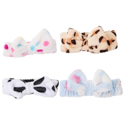 Cabilock 4 Pcs Coral Fleece Bowknot Hairbands Head Wraps for Face Washing and Makeup, Soft Elastic Female Headbands with Adorable Patterns for Skincare and Sports