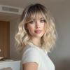 Veltronix Breathable Glueless Wavy Bob Real Human Hair Wig with Bangs Ombre Blonde Short Heat Resistant Bob Style for Women (Blonde,14inch) view 1