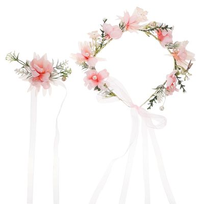 HOMOCONO Pearl Butterfly Floral Headband and Bridal Hair Wreath Set, Simulated Flower Garland Hair Accessories for Women Wedding Party Headpiece
