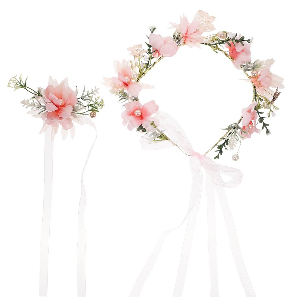 HOMOCONO Pearl Butterfly Floral Headband and Bridal Hair Wreath Set, Simulated Flower Garland Hair Accessories for Women Wedding Party Headpiece