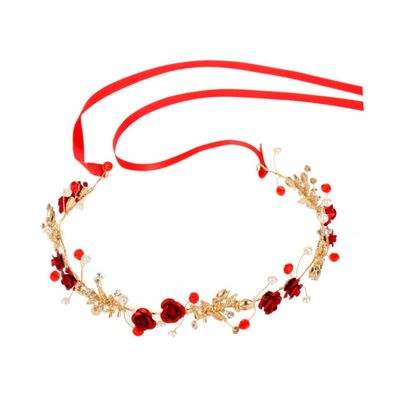 WOONEKY Bridal Flower Headband with Pearl and Alloy, Red Floral Garland Headdress for Women, Wedding Hair Accessory for Brides and Flower