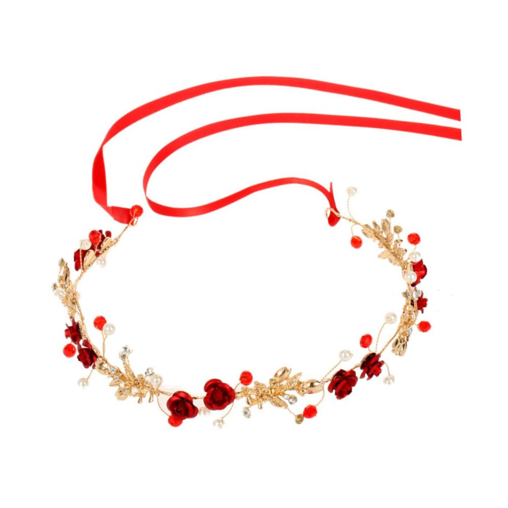 WOONEKY Bridal Flower Headband with Pearl and Alloy, Red Floral Garland Headdress for Women, Wedding Hair Accessory for Brides and Flower