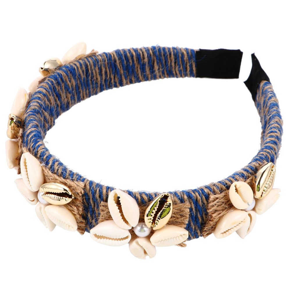 Luxshiny Seashell Hair Hoop Headband for Women, Blue Wide Brim Hair Accessory with Jute Rope, Bridal and Beach Party Hairband