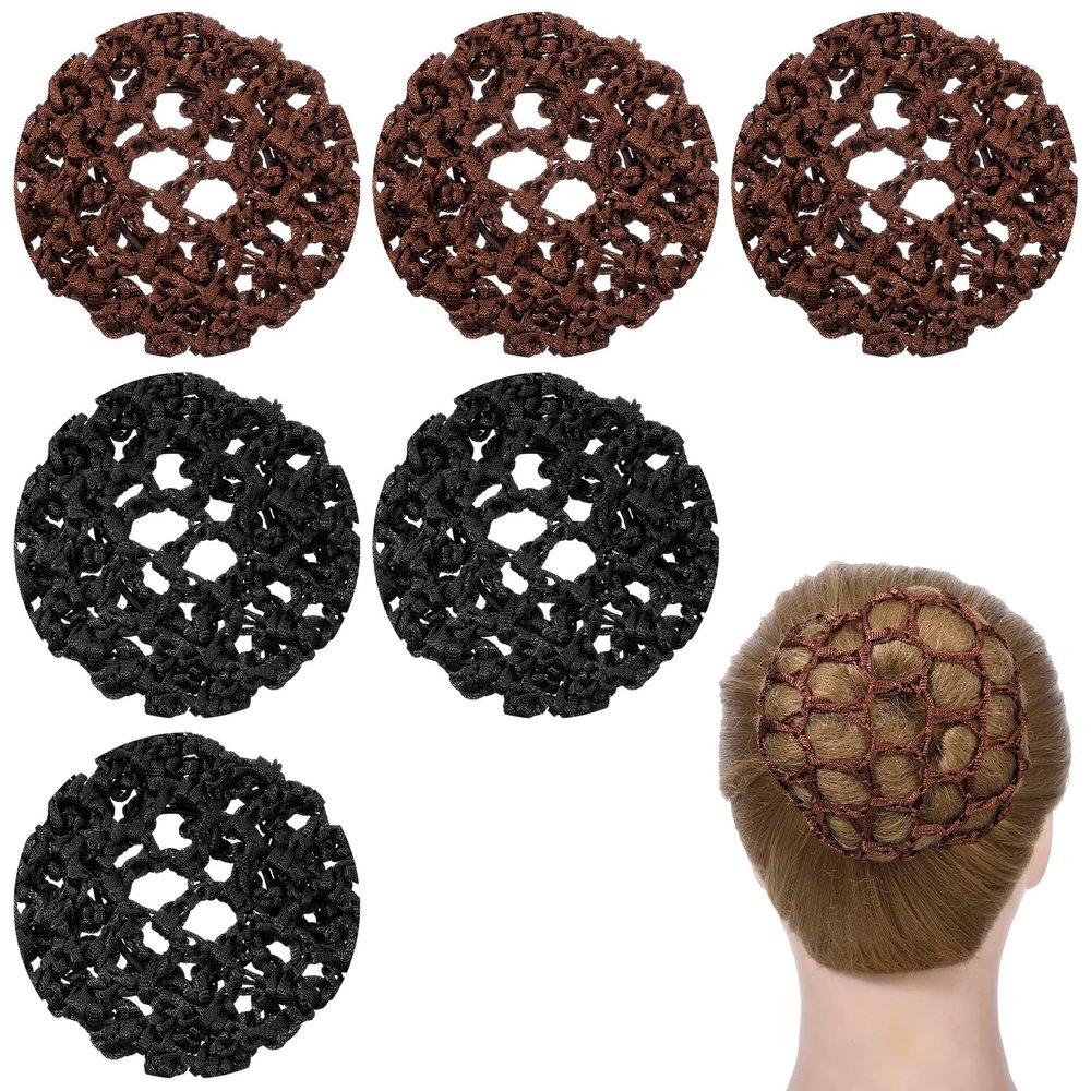 6 PCS Hair Nets for Buns, Elastic Invisible Women Hair Nets Handmade Crochet Scrunchies Bun Holders for Women Skating Ballet and Dance Accessories (Black, Dark Brown)