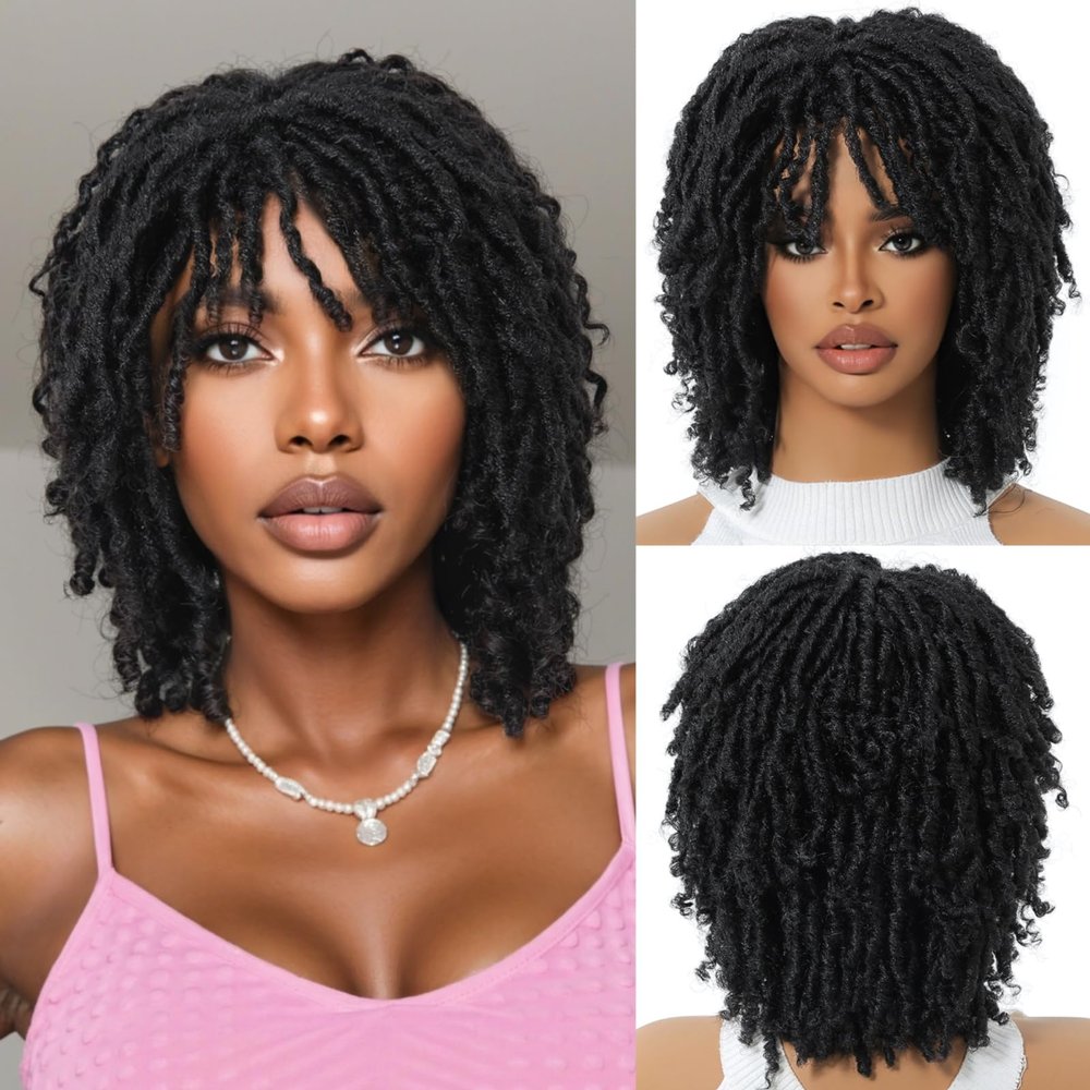 Dreadlock Wig For Black Women And Men Short Afro Twist Faux Locs Braided Wigs Glueless Synthetic Afro Curly Wigs (Natural Black, 12 Inch)