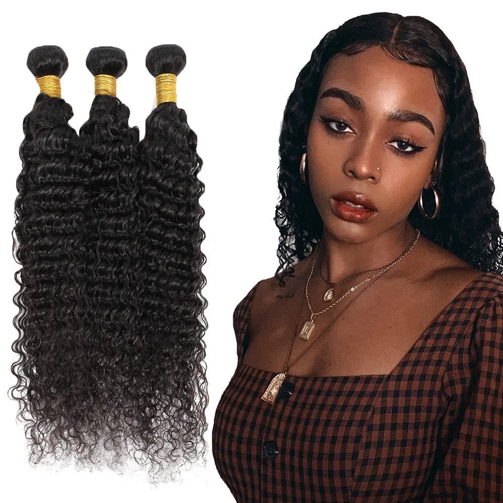 #1B Human Hair Bundles Deep Wave Bundles 34 34 34 Inch Deep Wave Human Hair Extensions Double Weft Unprocessed Brazilian Virgin Hair Natural Black 3 Bundle 50 Grams Per Bundle For Women