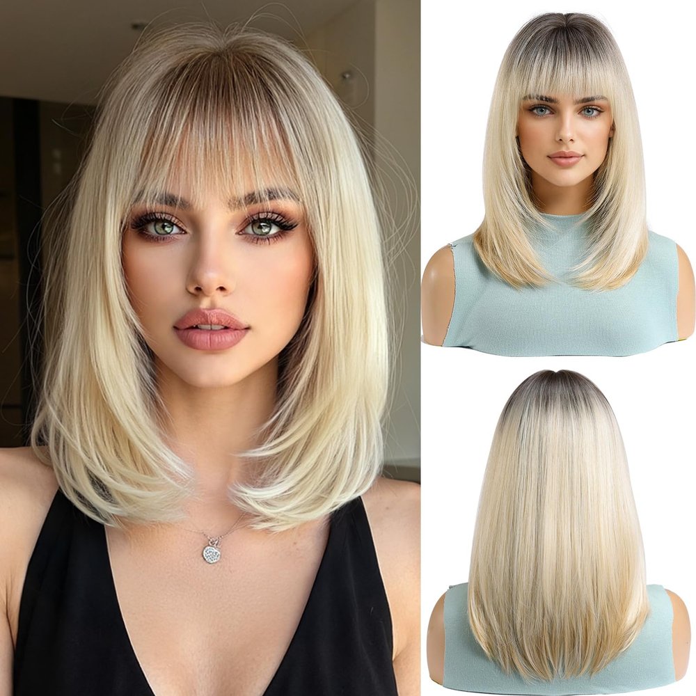 Veltronix Breathable Lightweight Ombre Gray Blonde Bob Real Human Hair Wig with Bangs Short Straight for Daily Wear (Ombre Gray Blonde,14inch)