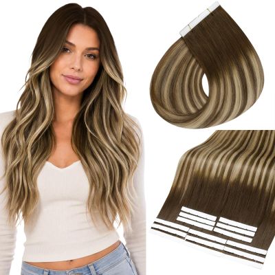 Full Shine Wide Hair Extensions Tape In, Medium Brown Honey Blonde 18 Inch