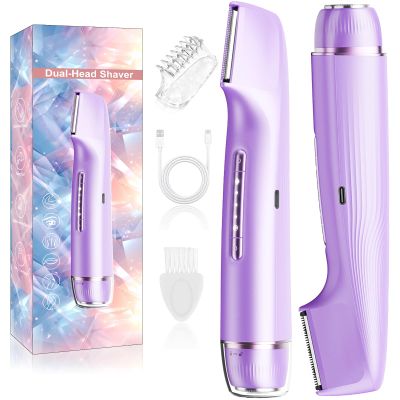 Bikini Trimmer for Women 2 in 1, Dual Head Womens Electric Shaver, Electric Razors for Pubic Hair, IPX7 Waterproof Rechargeable Facial Hair Removal for Shaving Underarm Leg Arm Face Body, Purple