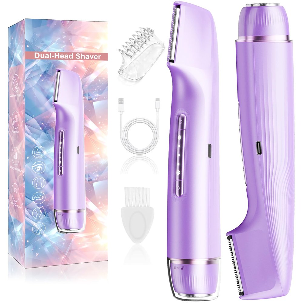 Bikini Trimmer for Women 2 in 1, Dual Head Womens Electric Shaver, Electric Razors for Pubic Hair, IPX7 Waterproof Rechargeable Facial Hair Removal for Shaving Underarm Leg Arm Face Body, Purple