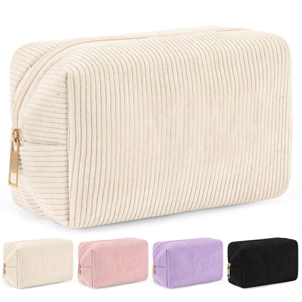 Corduroy Makeup Bag Premium Quality Cosmetic Bag to Package Cosmetics/Charger/Stationery Portable Toiletry Bag for Women, Trendy Gift for Her Birthday Mother's Day Wedding Graduation (White-Basic)