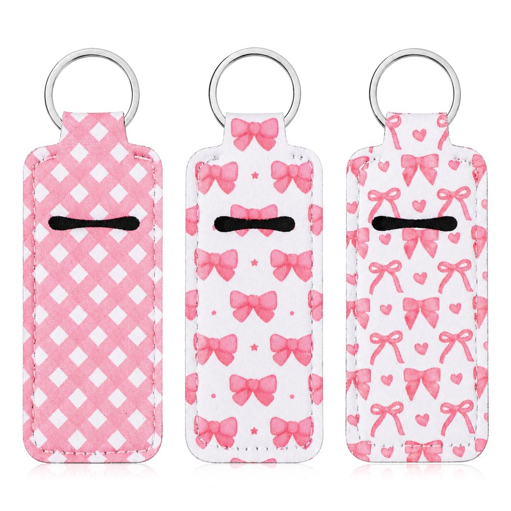 Bruislard 3 Pcs Lipgloss Holder KeyChain Cute Clip-On Sleeve Pouch Pink Lip Balm Holder for Woman