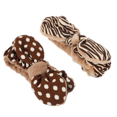 IWOWHERO Plush Hairband 2pcs Face Washing Headband with Bow, Soft Elastic Spa Makeup Headbands for Women, Brown Striped and Polka Dot Designs for Skincare and Facial Care