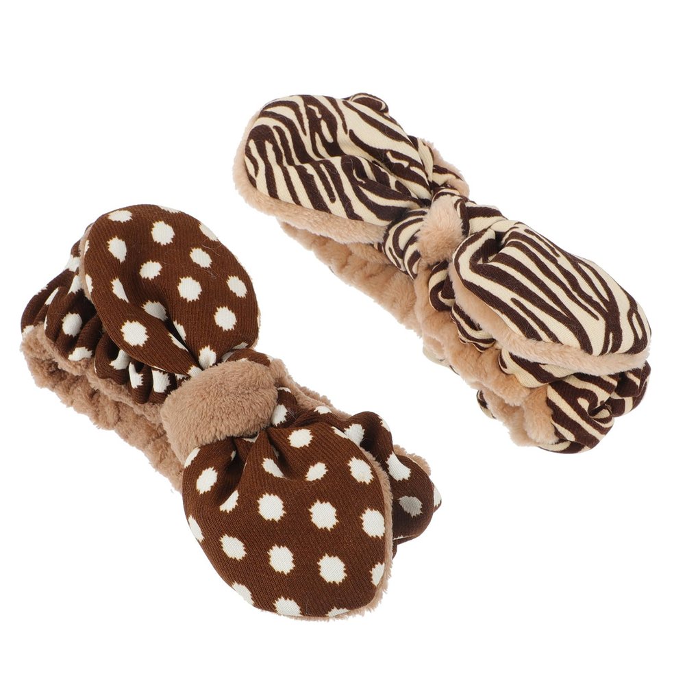 IWOWHERO Plush Hairband 2pcs Face Washing Headband with Bow, Soft Elastic Spa Makeup Headbands for Women, Brown Striped and Polka Dot Designs for Skincare and Facial Care
