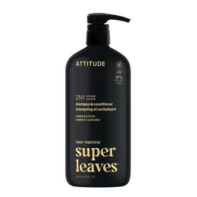 ATTITUDE Men's Shampoo and Conditioner 2-in-1, Volumizing for Thin Hair, With Rosemary and Rice Protein, 97% Natural Origin Ingredients, EWG Verified, Amber & Citrus, 32 Fl Oz