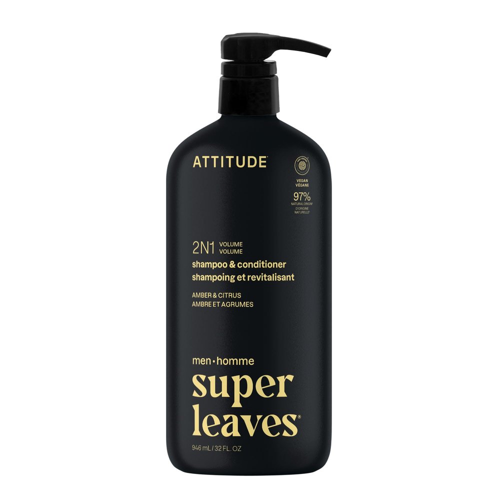 ATTITUDE Men's Shampoo and Conditioner 2-in-1, Volumizing for Thin Hair, With Rosemary and Rice Protein, 97% Natural Origin Ingredients, EWG Verified, Amber & Citrus, 32 Fl Oz