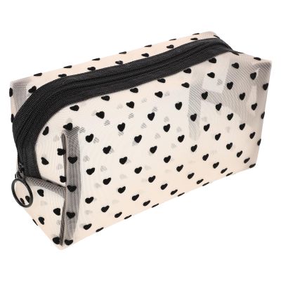 JOYOFREELY Travel Toiletries Organizer Bag with Zipper Heart Print Mesh Cosmetic Pouch Portable Makeup Storage for Womens Travel and Bathroom Use