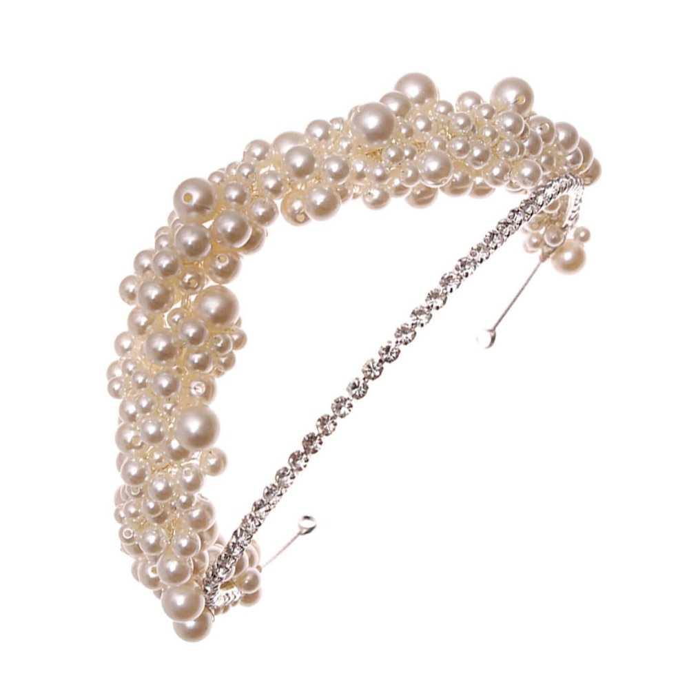LABRIMP Double-layer White Pearl Rhinestone Wedding Hairband for Brides Women Bridal Headpiece Hand-woven Pearl Headband Elegant Wedding Hair Accessory