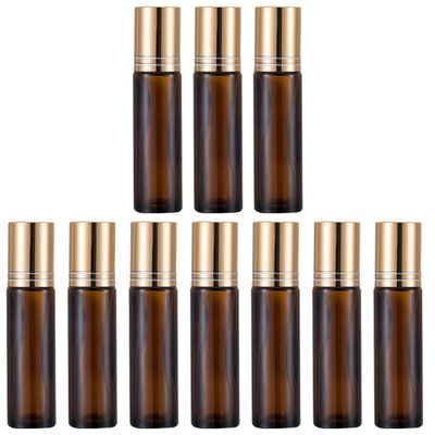 Wakauto 10pcs 10ml Amber Glass Roller Bottles Refillable Small Eye Cream Roll-on Bottles for Essential Oil Storage and Travel