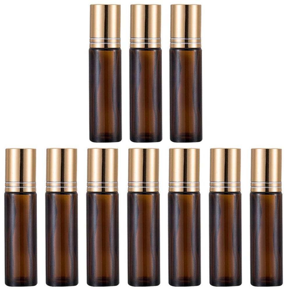 Wakauto 10pcs 10ml Amber Glass Roller Bottles Refillable Small Eye Cream Roll-on Bottles for Essential Oil Storage and Travel