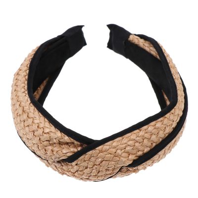 JEWEDECO Woven Raffia Hairband with Black Edging, Handmade Chic Hair Accessory, Wide Straw Headband for Daily Vacation Wear
