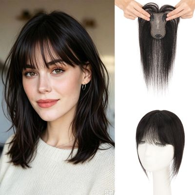 SLEEKALON Human Hair Toppers For Women Real Human Hair 360 Cover Air Bangs Toppers Thin Lightweight 3.1"x4.3"Lace Base Short Clip in Hairpieces 10 Inch #1B Natural Black