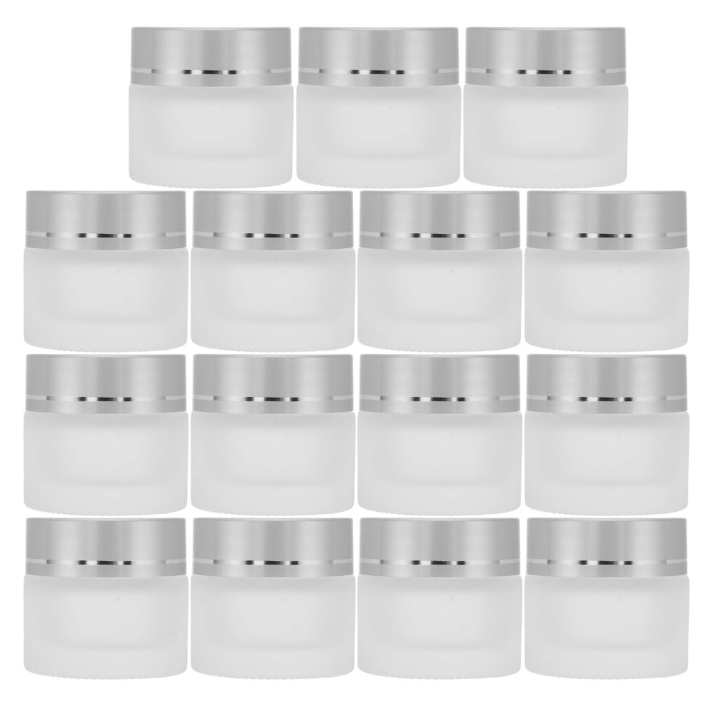 CORHAD 15pcs 10g Frosted Glass Jars with Silver Lids Empty Travel Size Cosmetic Containers for Body Butter, Lip Balm, Creams, and Moisturizers Refillable Sample Pots for Makeup