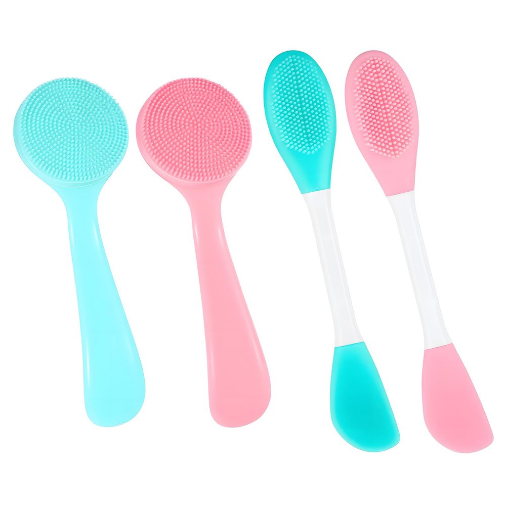 4 Pack Silicone Facial Cleansing Brush Manual Faces Scrub Brushes 2 in 1 Silicone Face Mask Brush & Face Scrubber Skin Friendly Soft Bristles for Blackheads Makeup Residues Removal