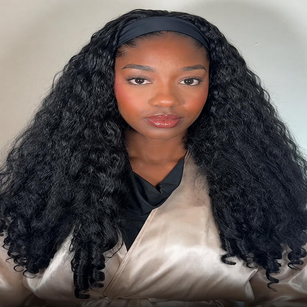 Ninroc Afro Curly Headband Wig Wear and Go Kinky Curly Glueless with Bouncy Curls Glueless Wigs for Black Women Yaki Straight Synthetic Headband Wigs(#2, 24inch)