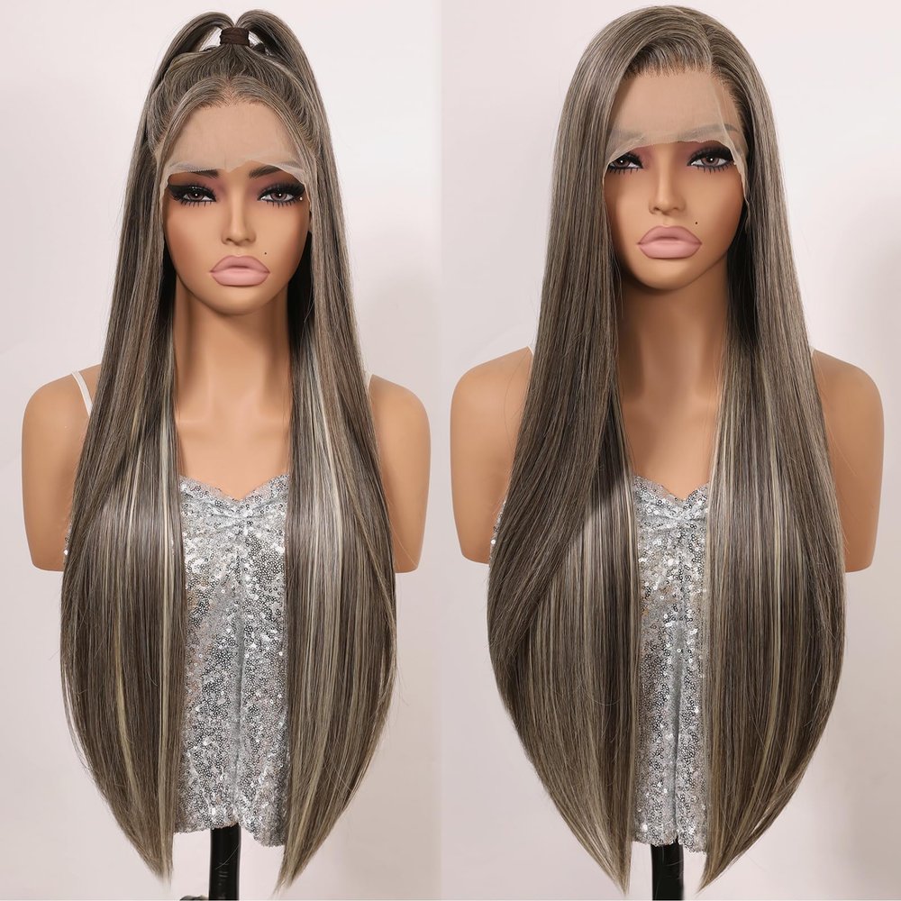 Towarm Ash Brown with Platinum Blonde Highlights Synthetic Lace Front Wig Pre Plucked Natural Hairline Long Straight Mushroom Brown Balayage Lace Front Synthetic Wig for Women Daily Party Cosplay Wig