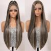 Towarm Ash Brown with Platinum Blonde Highlights Synthetic Lace Front Wig Pre Plucked Natural Hairline Long Straight Mushroom Brown Balayage Lace Front Synthetic Wig for Women Daily Party Cosplay Wig view 1